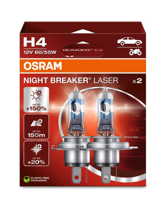 SET 2 BECURI 12V H4 60/55 W NIGHT BREAKER LASER NEXTGEN +150% OSRAM